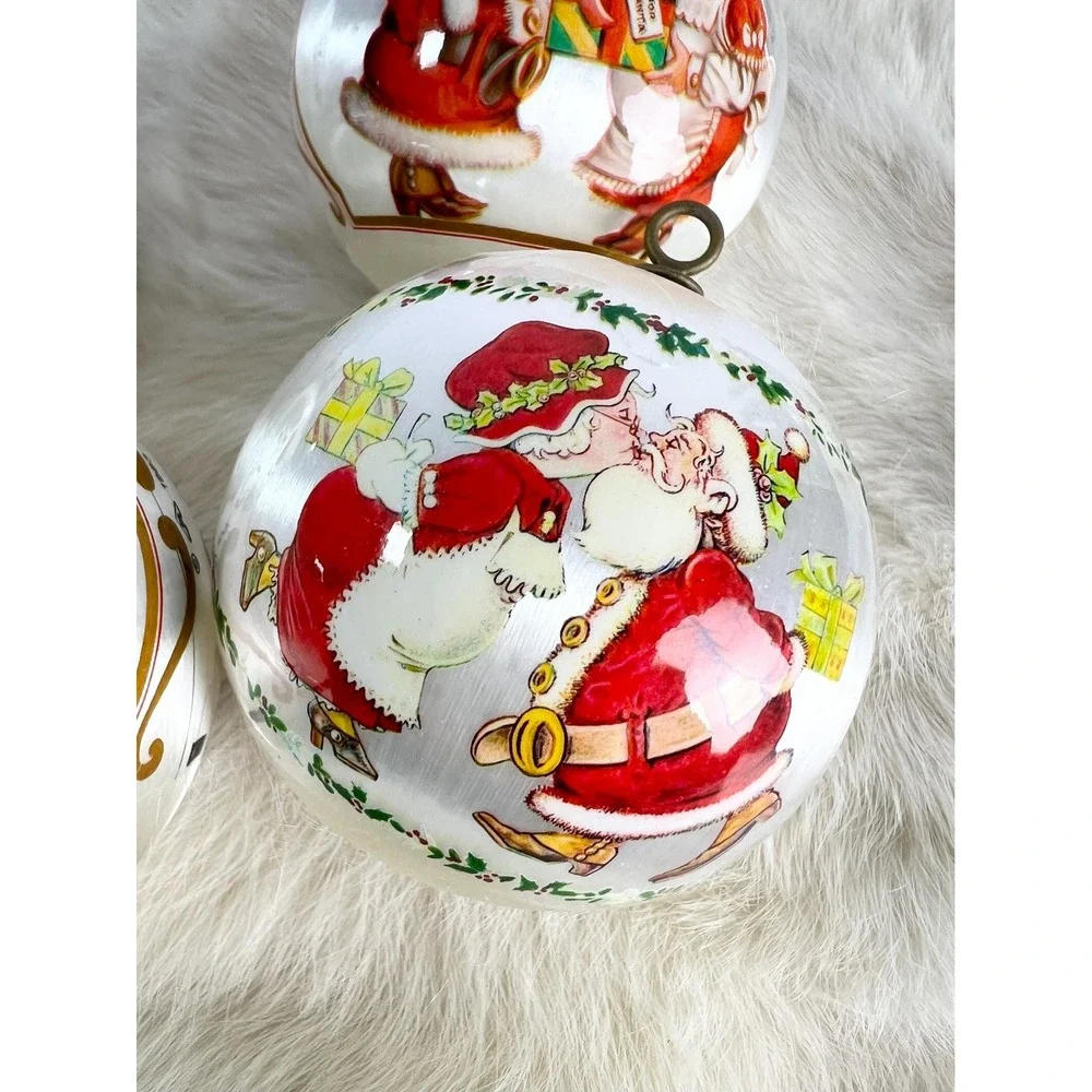 Vintage Satin Ball Ornaments Santa Kissing Mrs Claus Christmas set of 4